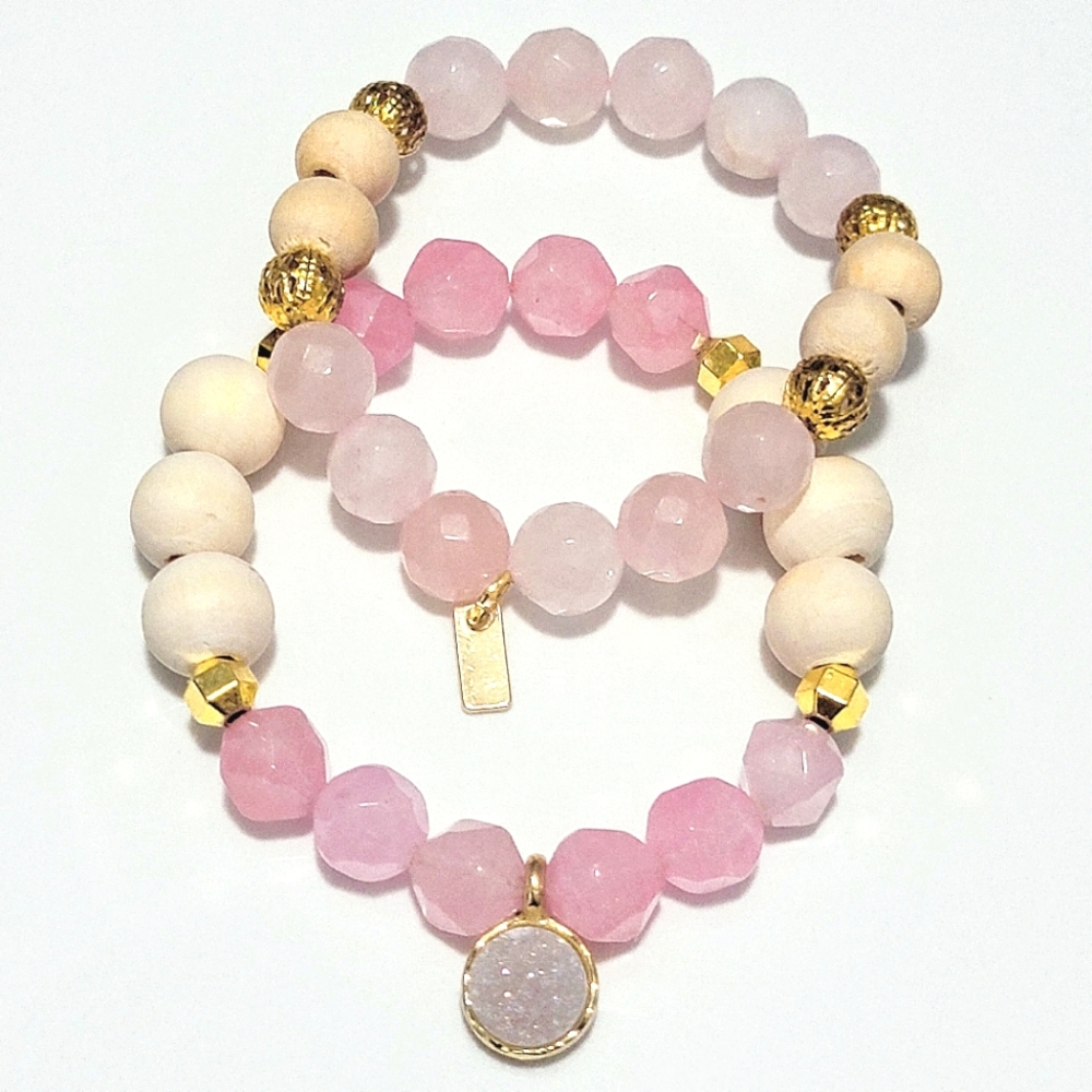 Matching Star Cut Semiprecious Rose Quartz Elastic Beaded Diffuser Bracelets